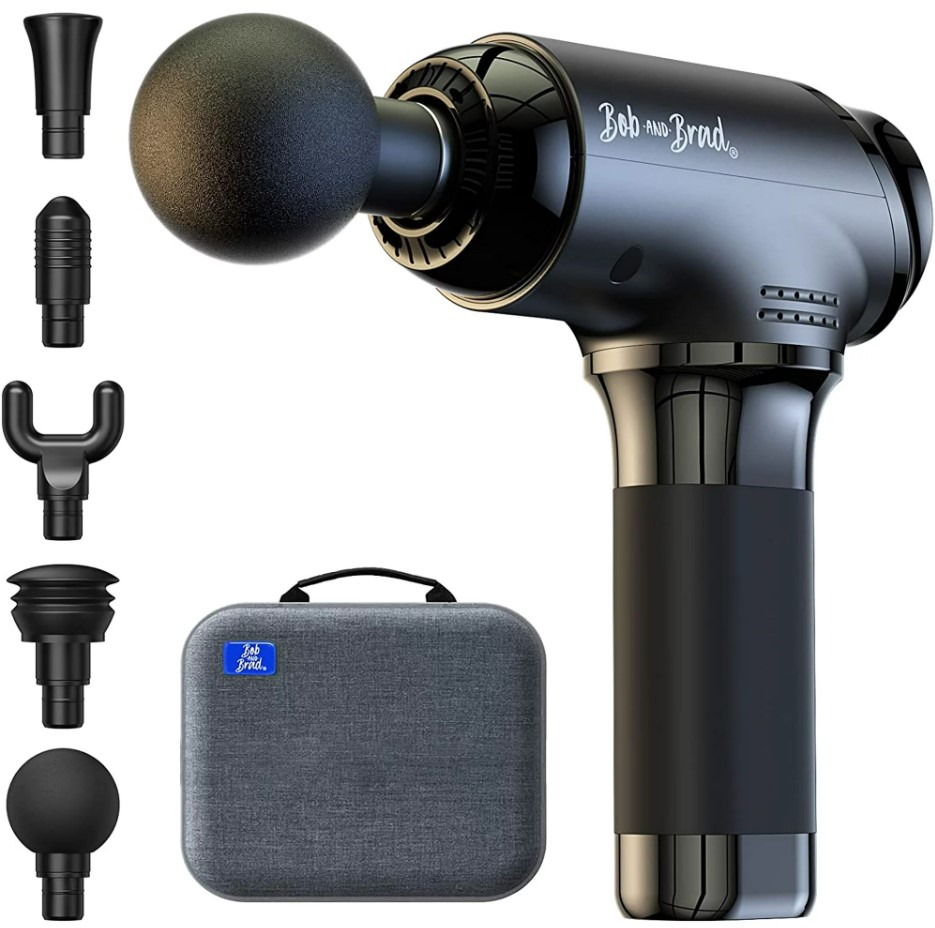 Product shot of massage gun, case and attachments