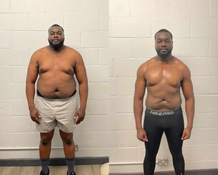 Two images of a man side by side showing before and after a weight-loss programme