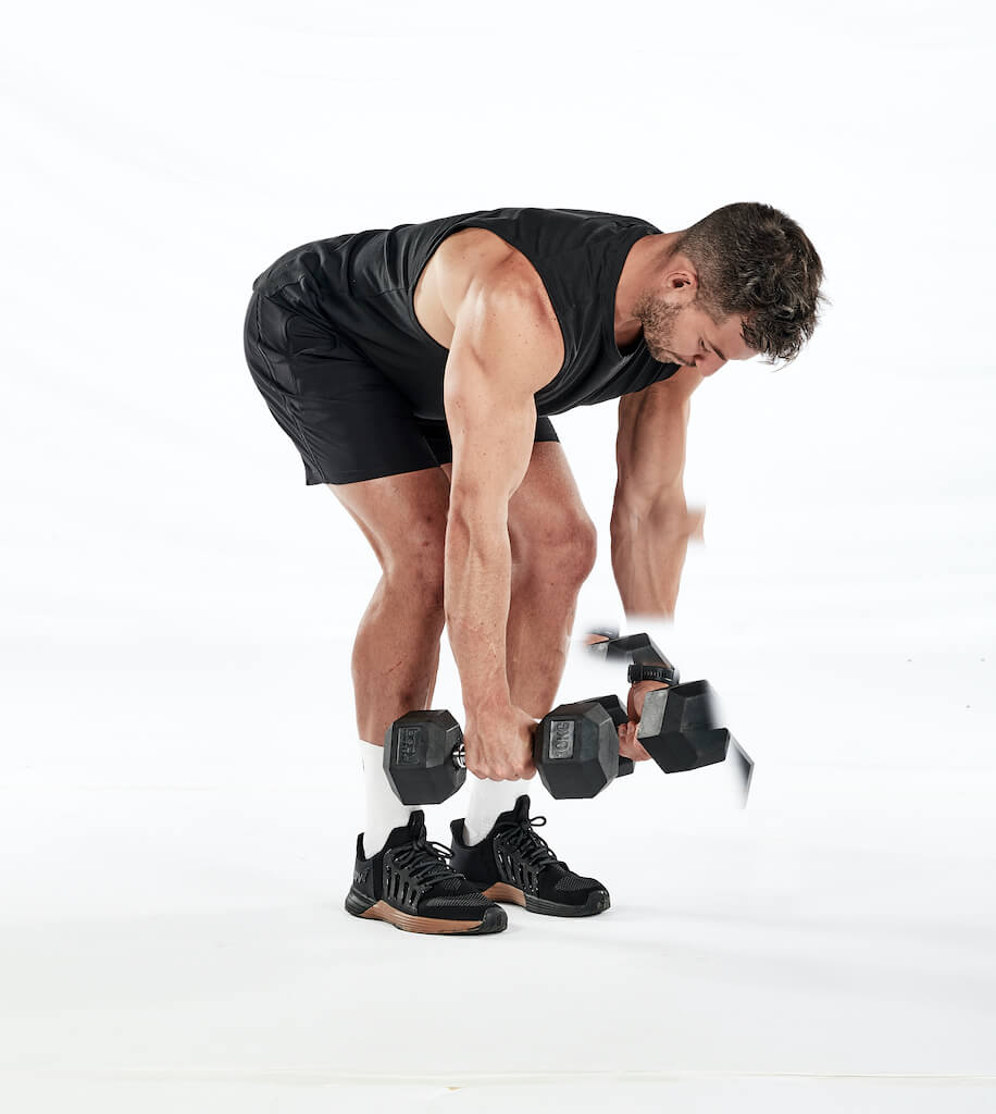 Two stages of the dumbbell reverse flye – holding dumbbells hanging straight down, feet shoulder-width apart and bent forward at the hips; in the same position with arms raised out towards the sides.