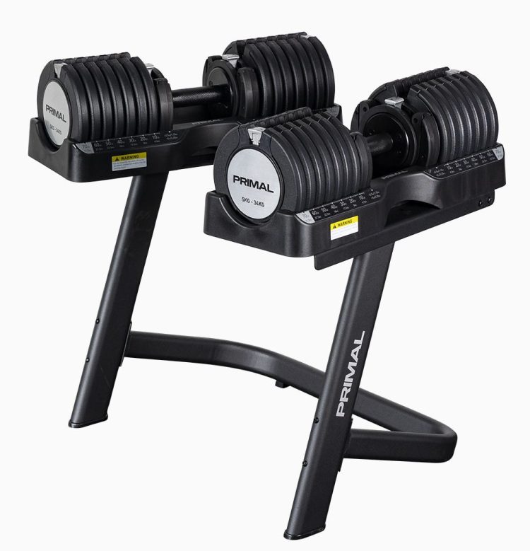 Primal Strength 34kg adjustable dumbbells on optional stand