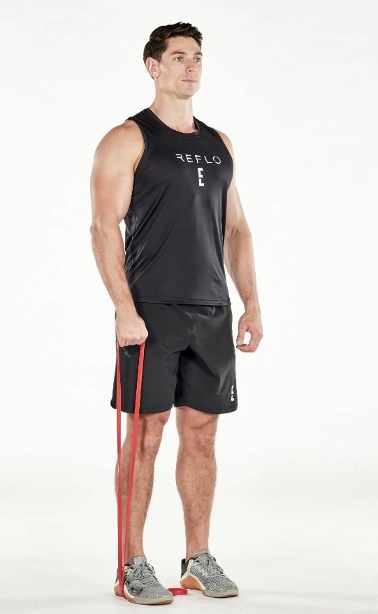 Man performing a Resistance band single-arm front raise
